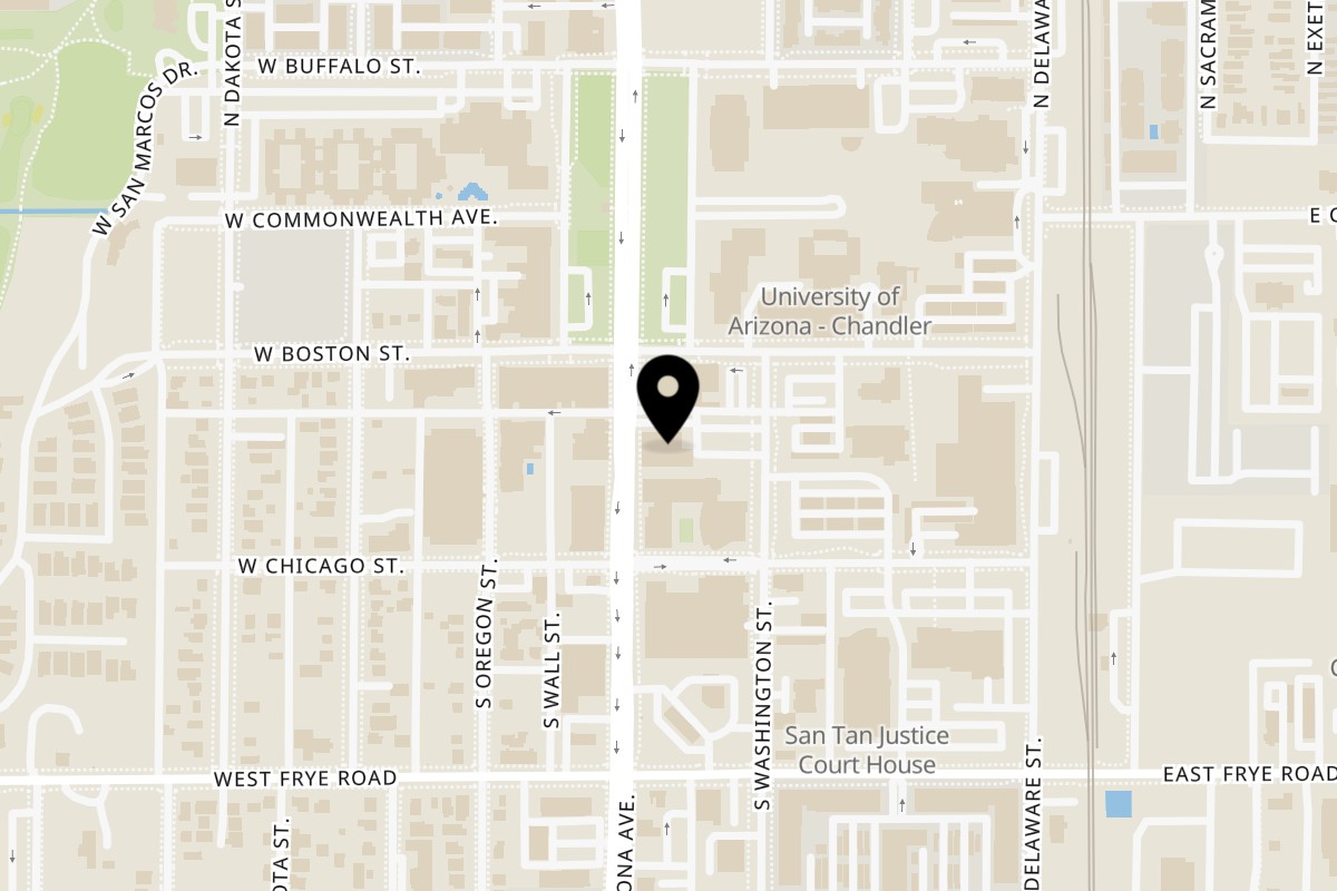 Map showing the location of Tap N Taco Chandler on 141 S Arizona Ave #2 in Chandler